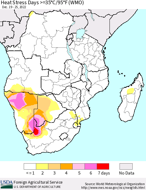 Southern Africa Heat Stress Days >=35°C/95°F (WMO) Thematic Map For 12/19/2022 - 12/25/2022
