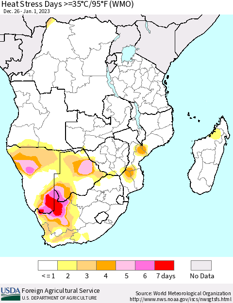 Southern Africa Heat Stress Days >=35°C/95°F (WMO) Thematic Map For 12/26/2022 - 1/1/2023