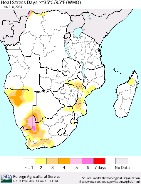 Southern Africa Heat Stress Days >=35°C/95°F (WMO) Thematic Map For 1/2/2023 - 1/8/2023