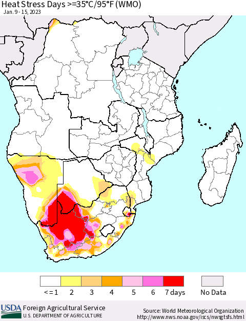 Southern Africa Heat Stress Days >=35°C/95°F (WMO) Thematic Map For 1/9/2023 - 1/15/2023
