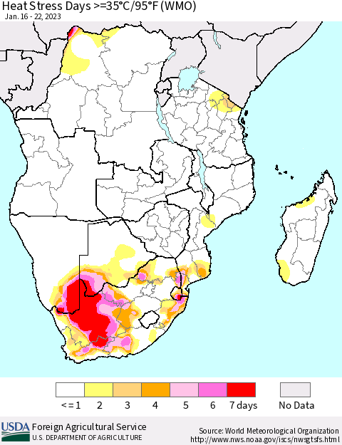 Southern Africa Heat Stress Days >=35°C/95°F (WMO) Thematic Map For 1/16/2023 - 1/22/2023