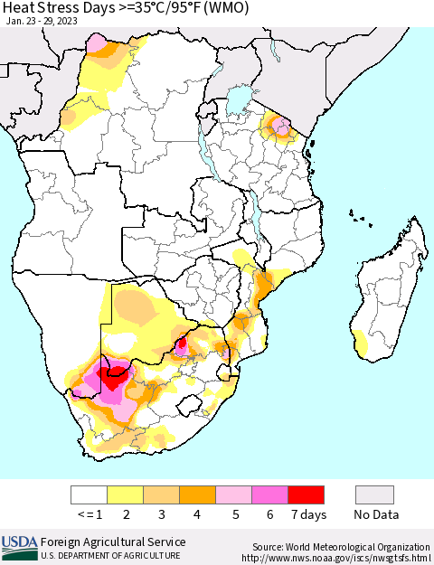 Southern Africa Heat Stress Days >=35°C/95°F (WMO) Thematic Map For 1/23/2023 - 1/29/2023