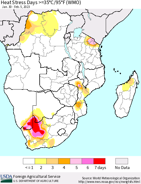 Southern Africa Heat Stress Days >=35°C/95°F (WMO) Thematic Map For 1/30/2023 - 2/5/2023