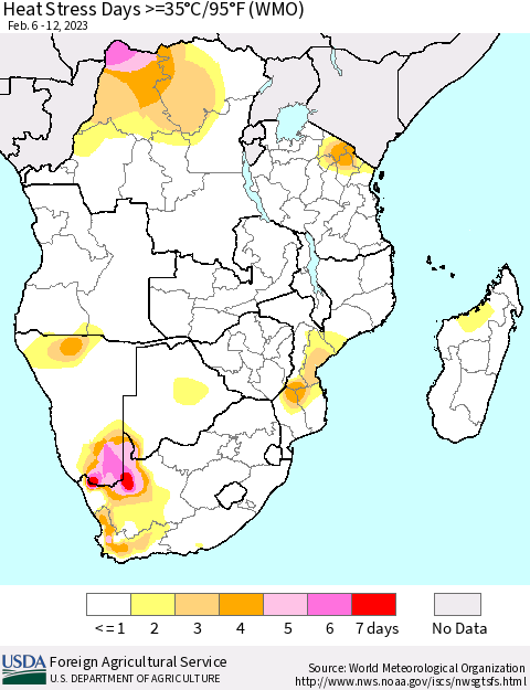 Southern Africa Heat Stress Days >=35°C/95°F (WMO) Thematic Map For 2/6/2023 - 2/12/2023