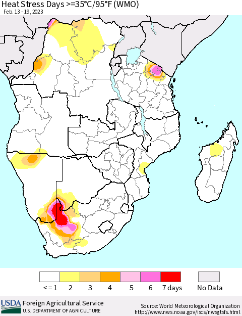 Southern Africa Heat Stress Days >=35°C/95°F (WMO) Thematic Map For 2/13/2023 - 2/19/2023