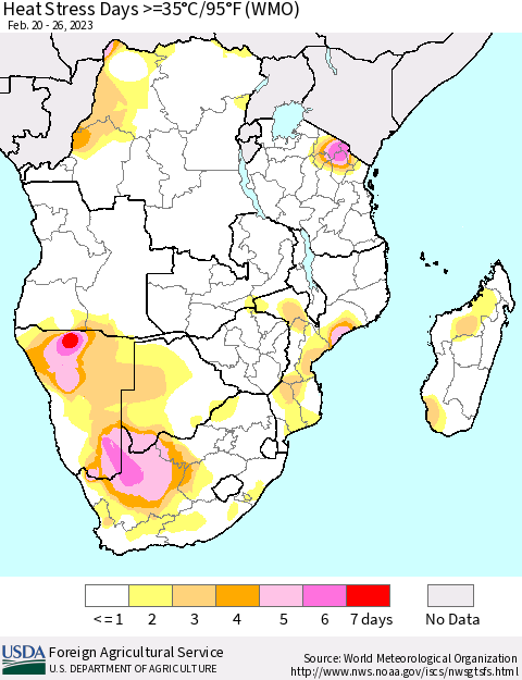Southern Africa Heat Stress Days >=35°C/95°F (WMO) Thematic Map For 2/20/2023 - 2/26/2023
