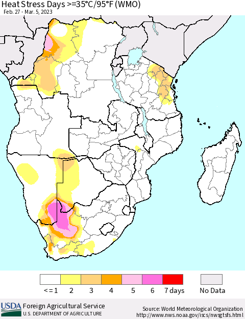 Southern Africa Heat Stress Days >=35°C/95°F (WMO) Thematic Map For 2/27/2023 - 3/5/2023