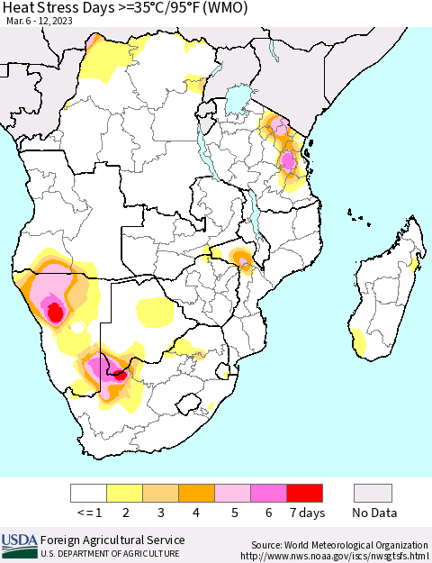 Southern Africa Heat Stress Days >=35°C/95°F (WMO) Thematic Map For 3/6/2023 - 3/12/2023