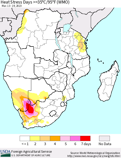 Southern Africa Heat Stress Days >=35°C/95°F (WMO) Thematic Map For 3/13/2023 - 3/19/2023
