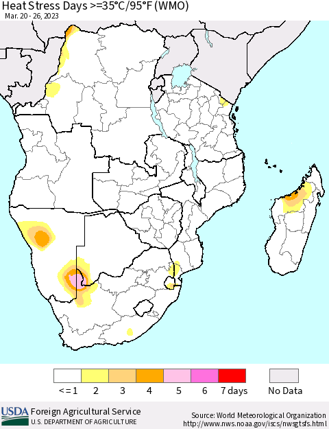 Southern Africa Heat Stress Days >=35°C/95°F (WMO) Thematic Map For 3/20/2023 - 3/26/2023