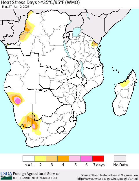 Southern Africa Heat Stress Days >=35°C/95°F (WMO) Thematic Map For 3/27/2023 - 4/2/2023