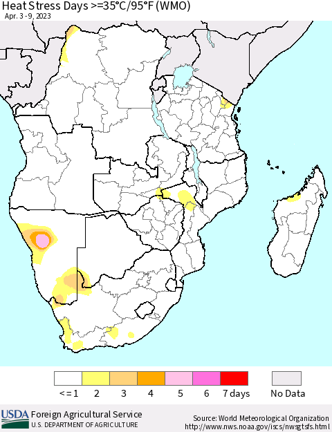 Southern Africa Heat Stress Days >=35°C/95°F (WMO) Thematic Map For 4/3/2023 - 4/9/2023
