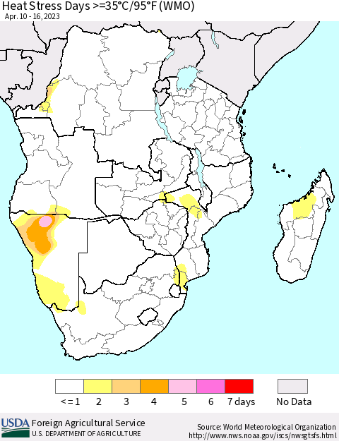 Southern Africa Heat Stress Days >=35°C/95°F (WMO) Thematic Map For 4/10/2023 - 4/16/2023