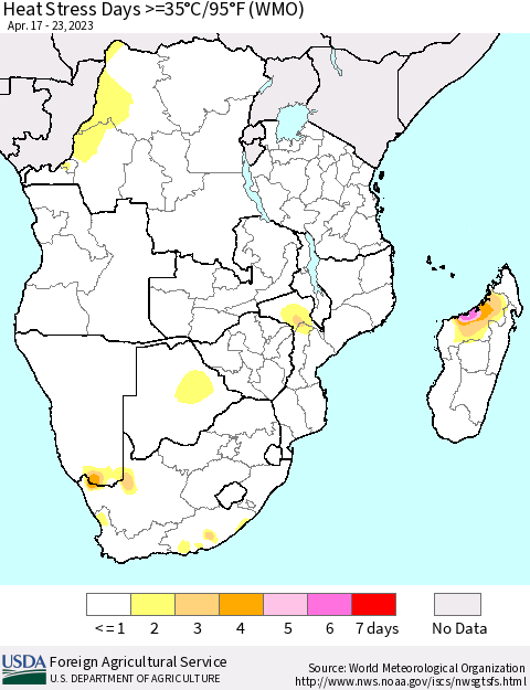 Southern Africa Heat Stress Days >=35°C/95°F (WMO) Thematic Map For 4/17/2023 - 4/23/2023