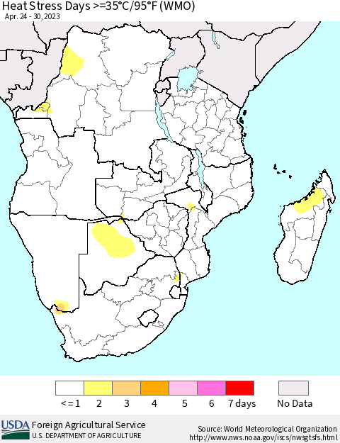 Southern Africa Heat Stress Days >=35°C/95°F (WMO) Thematic Map For 4/24/2023 - 4/30/2023