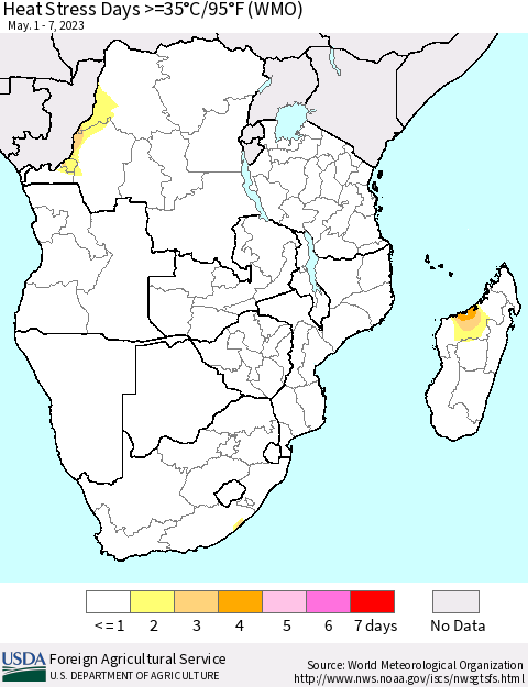 Southern Africa Heat Stress Days >=35°C/95°F (WMO) Thematic Map For 5/1/2023 - 5/7/2023