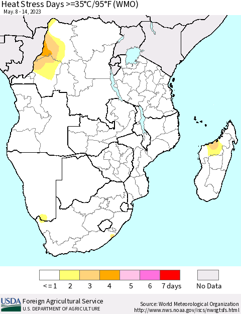 Southern Africa Heat Stress Days >=35°C/95°F (WMO) Thematic Map For 5/8/2023 - 5/14/2023