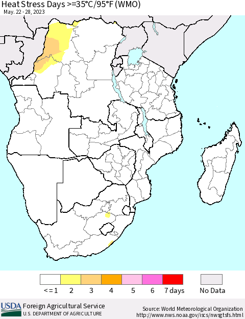 Southern Africa Heat Stress Days >=35°C/95°F (WMO) Thematic Map For 5/22/2023 - 5/28/2023
