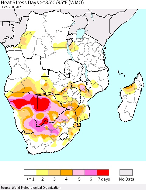 Southern Africa Heat Stress Days >=35°C/95°F (WMO) Thematic Map For 10/2/2023 - 10/8/2023