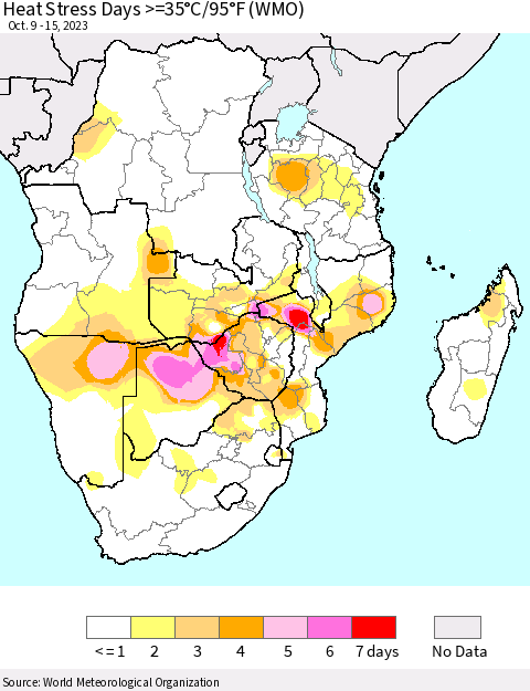 Southern Africa Heat Stress Days >=35°C/95°F (WMO) Thematic Map For 10/9/2023 - 10/15/2023