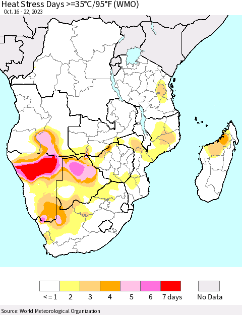 Southern Africa Heat Stress Days >=35°C/95°F (WMO) Thematic Map For 10/16/2023 - 10/22/2023