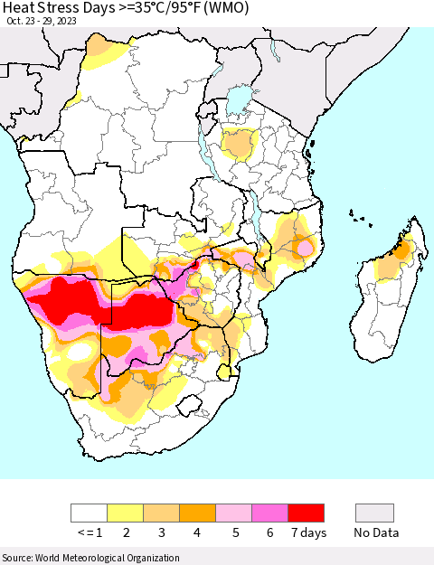 Southern Africa Heat Stress Days >=35°C/95°F (WMO) Thematic Map For 10/23/2023 - 10/29/2023