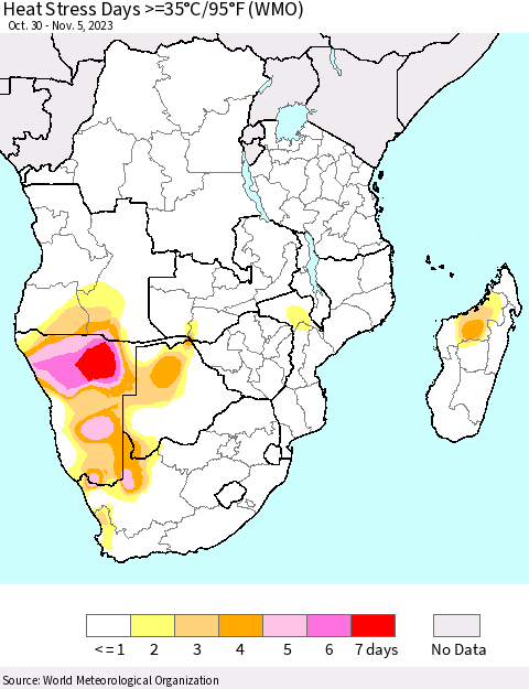 Southern Africa Heat Stress Days >=35°C/95°F (WMO) Thematic Map For 10/30/2023 - 11/5/2023