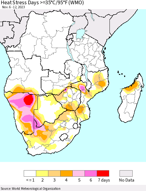 Southern Africa Heat Stress Days >=35°C/95°F (WMO) Thematic Map For 11/6/2023 - 11/12/2023