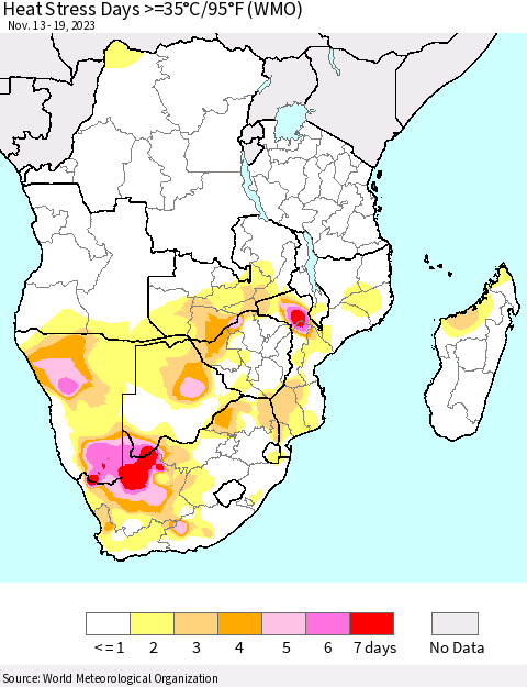 Southern Africa Heat Stress Days >=35°C/95°F (WMO) Thematic Map For 11/13/2023 - 11/19/2023