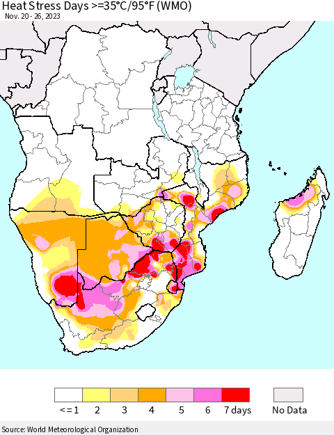 Southern Africa Heat Stress Days >=35°C/95°F (WMO) Thematic Map For 11/20/2023 - 11/26/2023