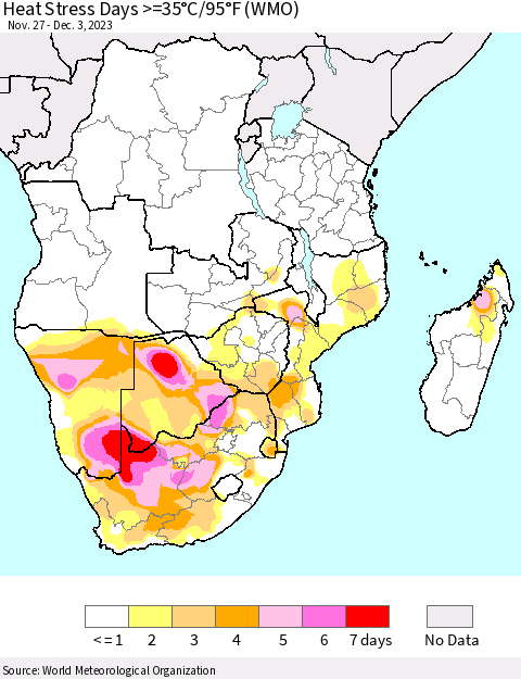 Southern Africa Heat Stress Days >=35°C/95°F (WMO) Thematic Map For 11/27/2023 - 12/3/2023