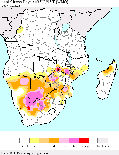Southern Africa Heat Stress Days >=35°C/95°F (WMO) Thematic Map For 12/4/2023 - 12/10/2023