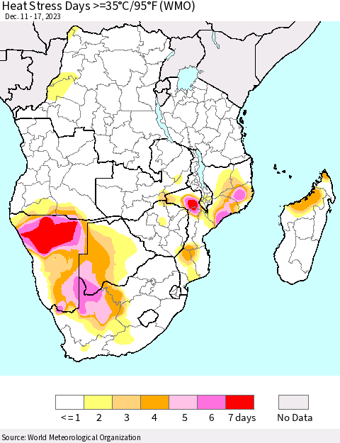 Southern Africa Heat Stress Days >=35°C/95°F (WMO) Thematic Map For 12/11/2023 - 12/17/2023