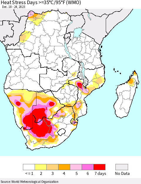 Southern Africa Heat Stress Days >=35°C/95°F (WMO) Thematic Map For 12/18/2023 - 12/24/2023