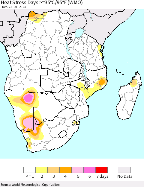 Southern Africa Heat Stress Days >=35°C/95°F (WMO) Thematic Map For 12/25/2023 - 12/31/2023