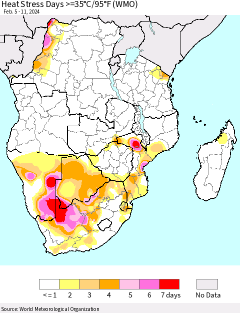 Southern Africa Heat Stress Days >=35°C/95°F (WMO) Thematic Map For 2/5/2024 - 2/11/2024