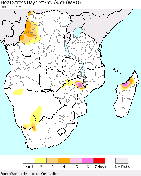 Southern Africa Heat Stress Days >=35°C/95°F (WMO) Thematic Map For 4/1/2024 - 4/7/2024