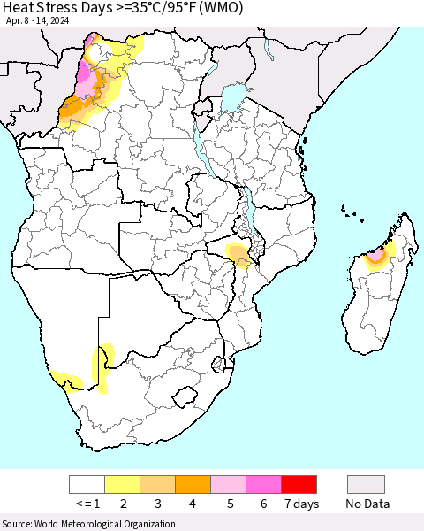 Southern Africa Heat Stress Days >=35°C/95°F (WMO) Thematic Map For 4/8/2024 - 4/14/2024