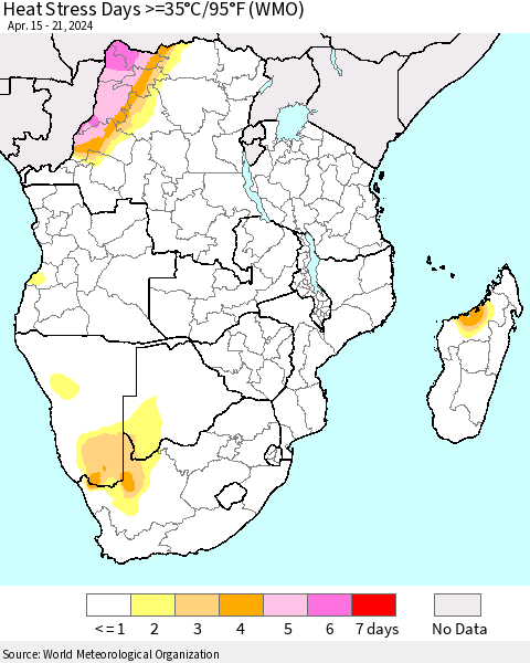Southern Africa Heat Stress Days >=35°C/95°F (WMO) Thematic Map For 4/15/2024 - 4/21/2024