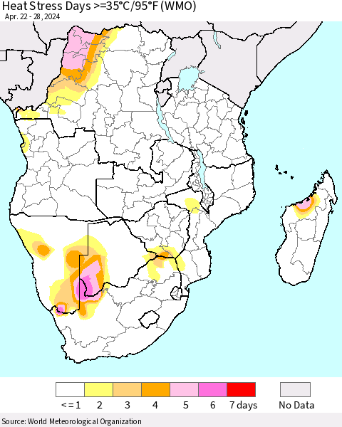 Southern Africa Heat Stress Days >=35°C/95°F (WMO) Thematic Map For 4/22/2024 - 4/28/2024
