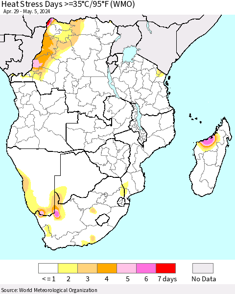 Southern Africa Heat Stress Days >=35°C/95°F (WMO) Thematic Map For 4/29/2024 - 5/5/2024