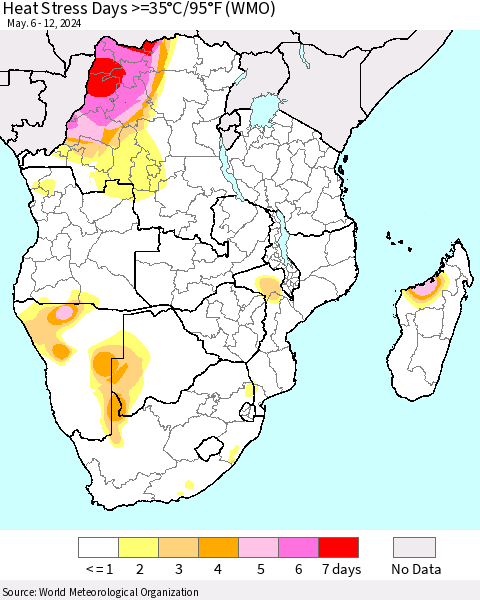 Southern Africa Heat Stress Days >=35°C/95°F (WMO) Thematic Map For 5/6/2024 - 5/12/2024