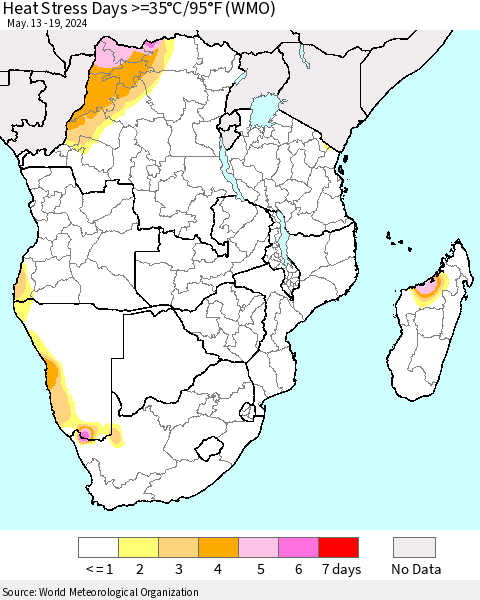 Southern Africa Heat Stress Days >=35°C/95°F (WMO) Thematic Map For 5/13/2024 - 5/19/2024