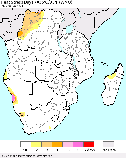 Southern Africa Heat Stress Days >=35°C/95°F (WMO) Thematic Map For 5/20/2024 - 5/26/2024