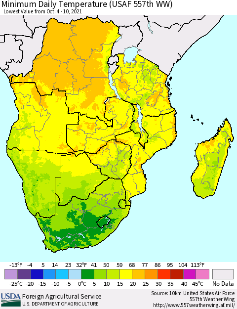 Southern Africa Minimum Daily Temperature (USAF 557th WW) Thematic Map For 10/4/2021 - 10/10/2021