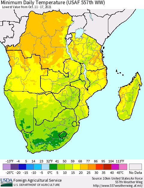 Southern Africa Minimum Daily Temperature (USAF 557th WW) Thematic Map For 10/11/2021 - 10/17/2021