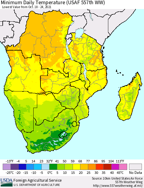 Southern Africa Minimum Daily Temperature (USAF 557th WW) Thematic Map For 10/18/2021 - 10/24/2021