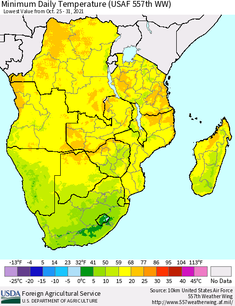 Southern Africa Minimum Daily Temperature (USAF 557th WW) Thematic Map For 10/25/2021 - 10/31/2021