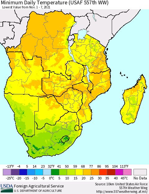 Southern Africa Minimum Daily Temperature (USAF 557th WW) Thematic Map For 11/1/2021 - 11/7/2021