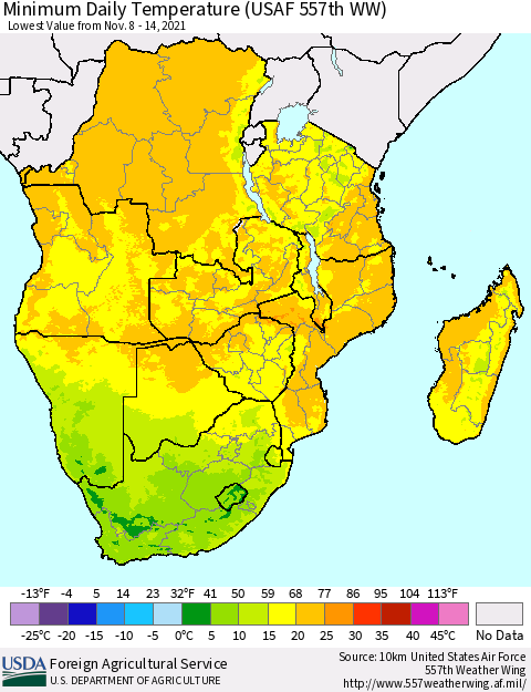 Southern Africa Minimum Daily Temperature (USAF 557th WW) Thematic Map For 11/8/2021 - 11/14/2021